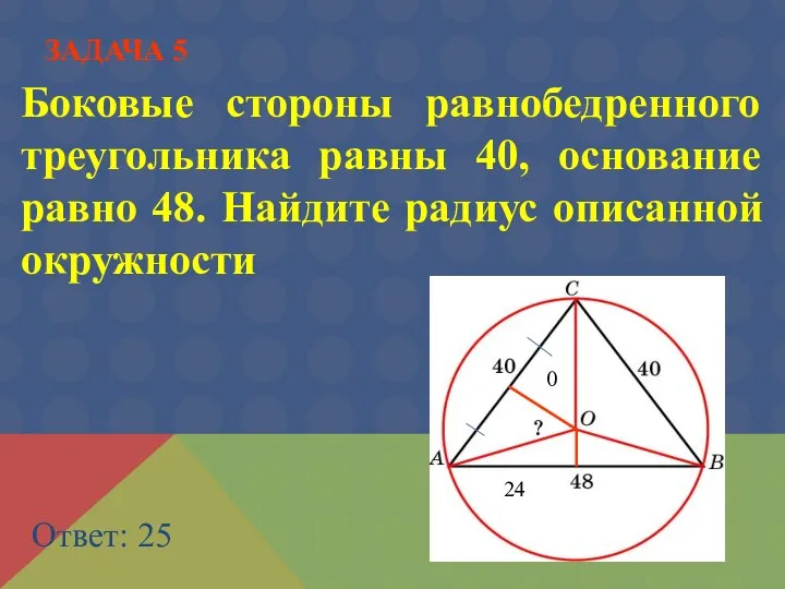 Боковые стороны равнобедренного треугольника равны 40, основание равно 48. Найдите радиус описанной