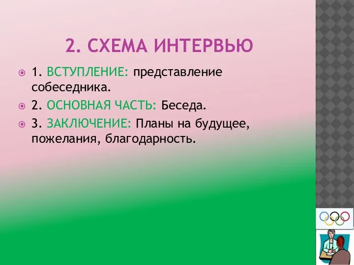 2. СХЕМА ИНТЕРВЬЮ 1. ВСТУПЛЕНИЕ: представление собеседника. 2. ОСНОВНАЯ ЧАСТЬ: Беседа. 3.