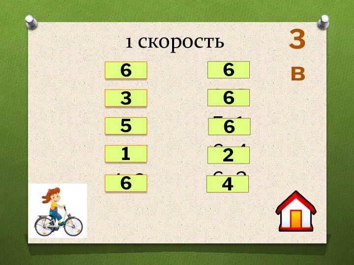 1 скорость 1+5 6-3 6–1 6–5 4+2 2+4 3+3 5+1 6–4 6–2