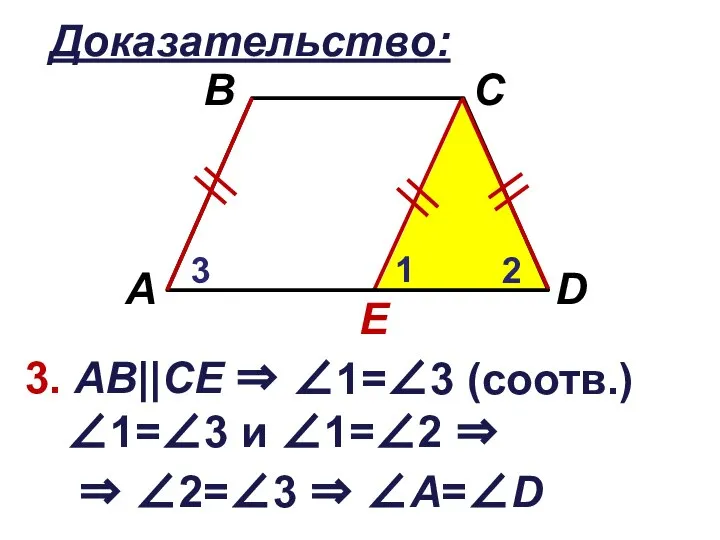 Доказательство: E 3. АВ||CЕ ⇒ 1 2 3 ∠1=∠3 (соотв.) ∠1=∠3 и