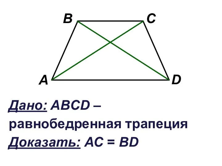 Дано: ABCD – равнобедренная трапеция Доказать: АС = ВD