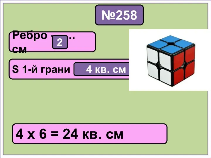 №258 4 х 6 = 24 кв. см Ребро – …. см