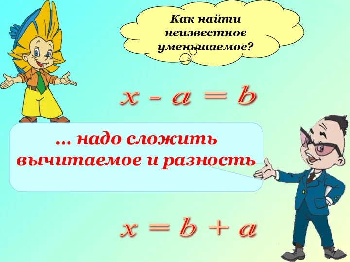 Как найти неизвестное уменьшаемое? х - а = b … надо сложить