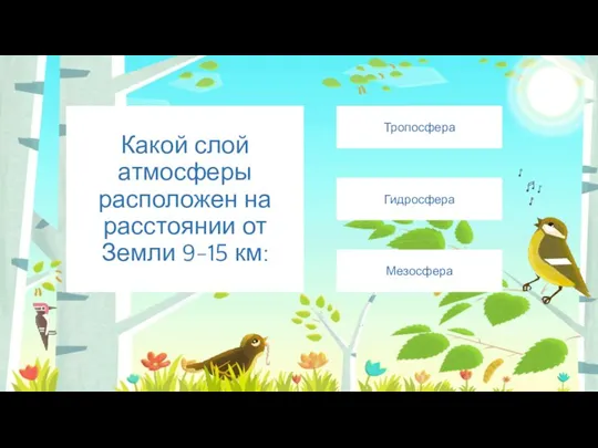 Какой слой атмосферы расположен на расстоянии от Земли 9-15 км: Тропосфера Гидросфера Мезосфера