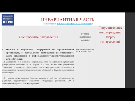 ИНВАРИАНТНАЯ ЧАСТЬ (заполняется в виде таблицы из 2 столбцов)