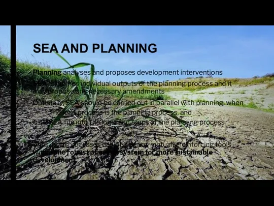 SEA AND PLANNING Planning analyses and proposes development interventions SEA examines individual