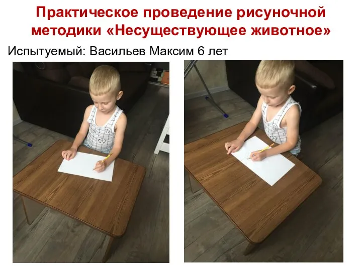 Практическое проведение рисуночной методики «Несуществующее животное» Испытуемый: Васильев Максим 6 лет