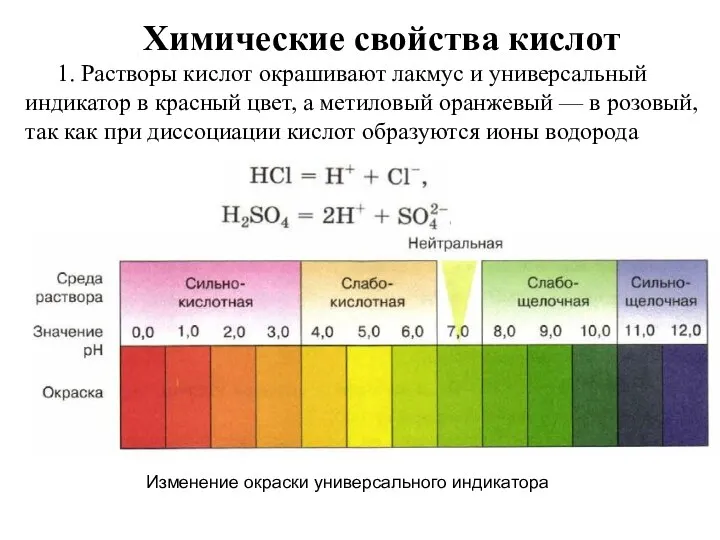 Химические свойства кислот 1. Растворы кислот окрашивают лакмус и универсальный индикатор в