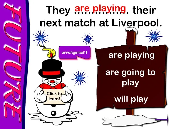 FUTURE They ………….… their next match at Liverpool. are playing are going