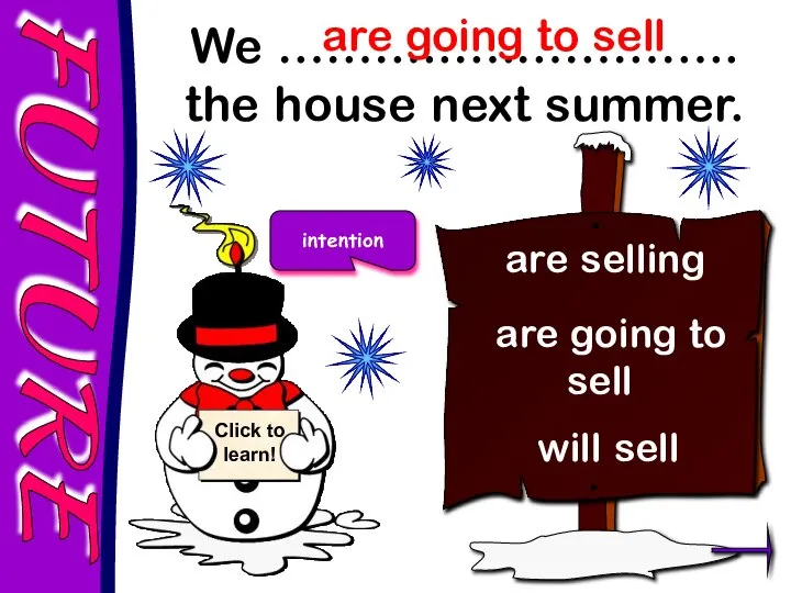 FUTURE We ………..….………….. the house next summer. are going to sell are