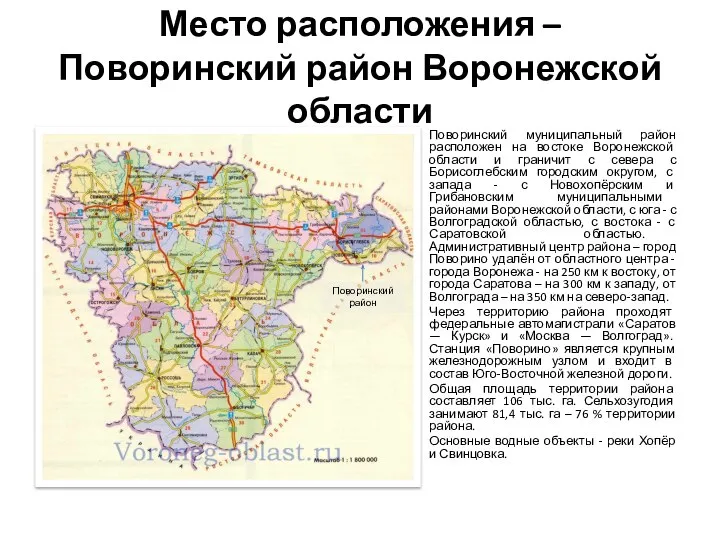 Место расположения – Поворинский район Воронежской области Поворинский муниципальный район расположен на