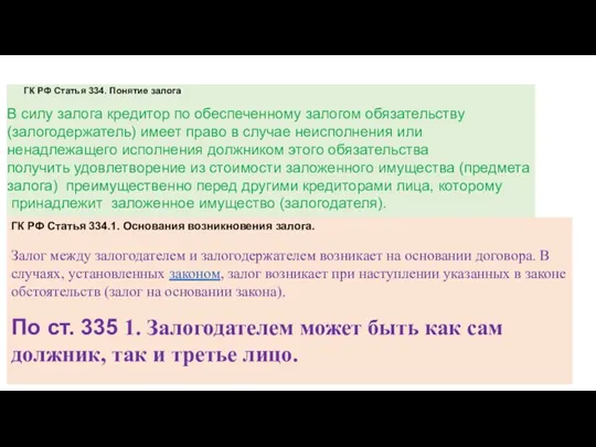 ГК РФ Статья 334. Понятие залога В силу залога кредитор по обеспеченному