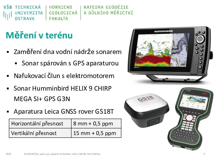 Měření v terénu Zaměření dna vodní nádrže sonarem Sonar spárován s GPS