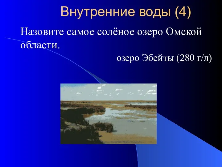 Назовите самое солёное озеро Омской области. озеро Эбейты (280 г/л) Внутренние воды (4)