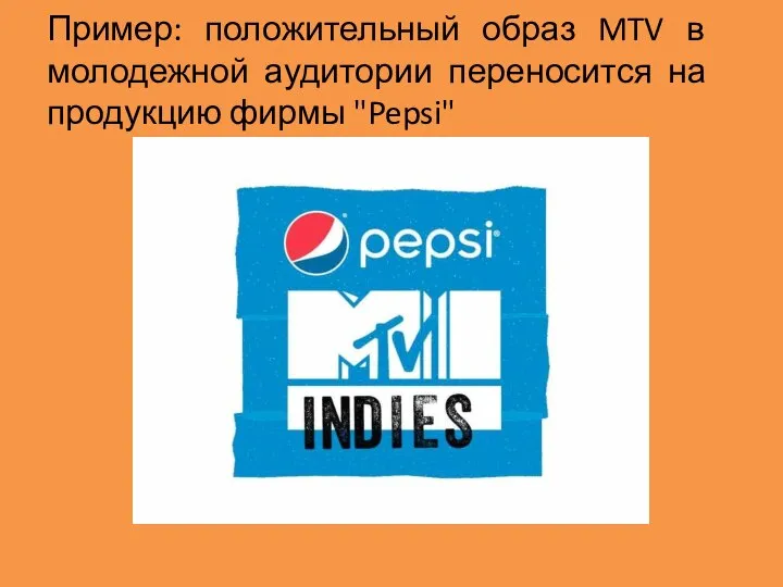 Пример: положительный образ MTV в молодежной аудитории переносится на продукцию фирмы "Pepsi"