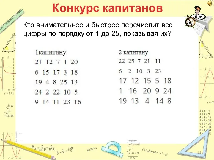 Конкурс капитанов Кто внимательнее и быстрее перечислит все цифры по порядку от