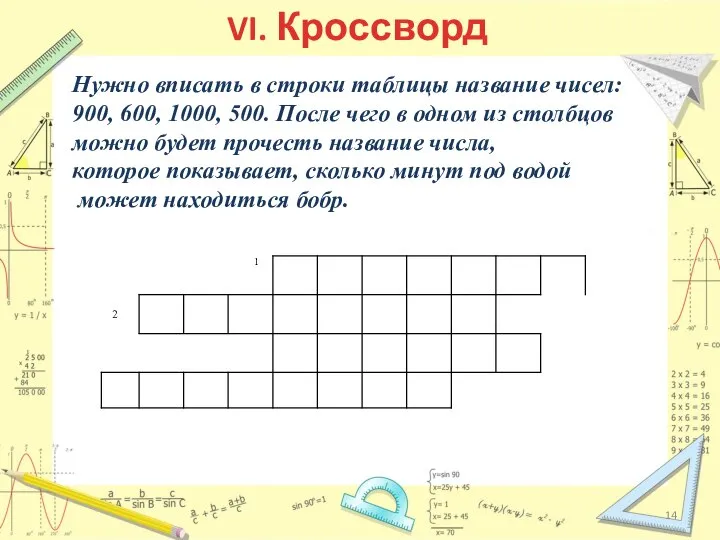 VI. Кроссворд Нужно вписать в строки таблицы название чисел: 900, 600, 1000,