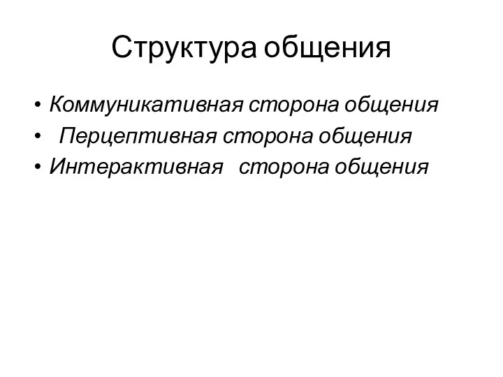 Структура общения Коммуникативная сторона общения Перцептивная сторона общения Интерактивная сторона общения