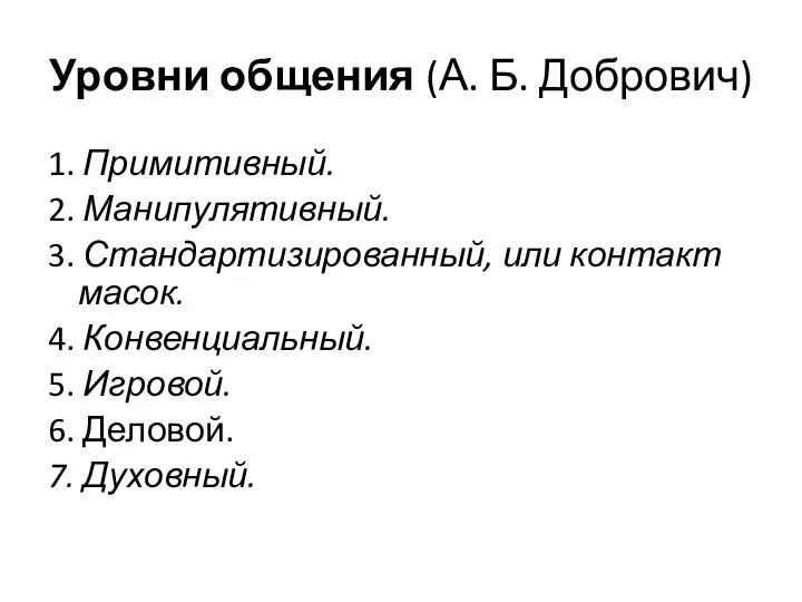 Уровни общения (А. Б. Добрович) 1. Примитивный. 2. Манипулятивный. 3. Стандартизированный, или