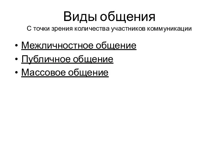 Виды общения С точки зрения количества участников коммуникации Межличностное общение Публичное общение Массовое общение