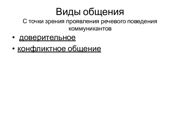 Виды общения С точки зрения проявления речевого поведения коммуникантов доверительное конфликтное общение