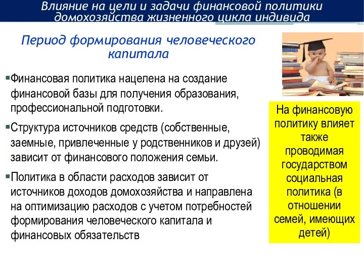 Период формирования человеческого капитала Финансовая политика нацелена на создание финансовой базы для