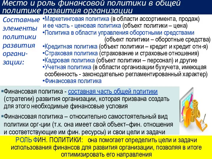 Место и роль финансовой политики в общей политике развития организации Финансовая политика