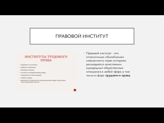 ПРАВОВОЙ ИНСТИТУТ Правовой институт - это относительно обособленная совокупность норм, которыми регулируются