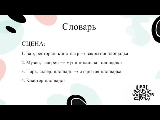 Словарь СЦЕНА: Бар, ресторан, кинотеатр → закрытая площадка Музеи, галереи → муниципальная