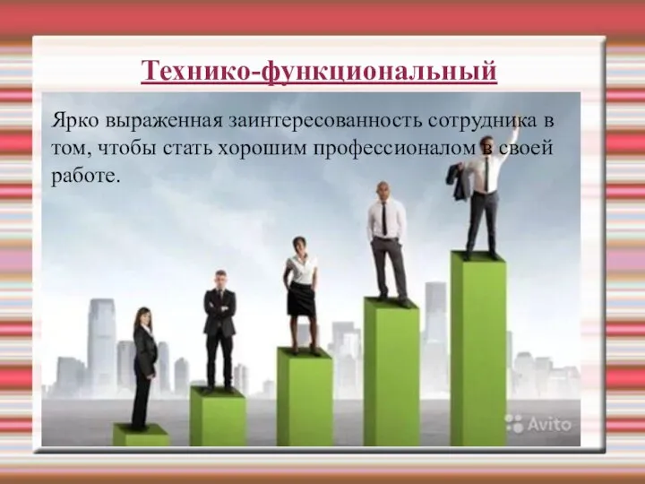 Технико-функциональный Ярко выраженная заинтересованность сотрудника в том, чтобы стать хорошим профессионалом в своей работе.