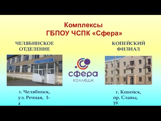 Комплексы ГБПОУ ЧСПК «Сфера» г. Челябинск, ул. Речная, 1-а ЧЕЛЯБИНСКОЕ ОТДЕЛЕНИЕ КОПЕЙСКИЙ