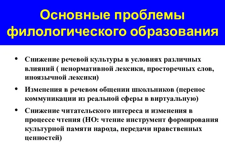 Основные проблемы филологического образования Снижение речевой культуры в условиях различных влияний (