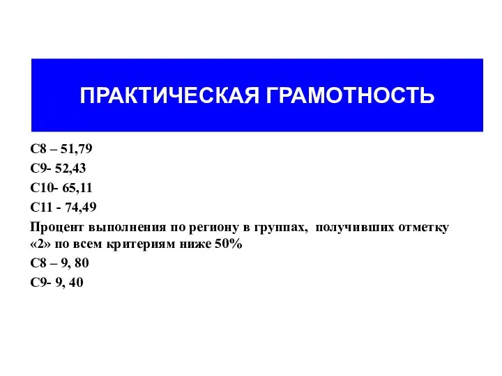 ПРАКТИЧЕСКАЯ ГРАМОТНОСТЬ С8 – 51,79 С9- 52,43 С10- 65,11 С11 - 74,49