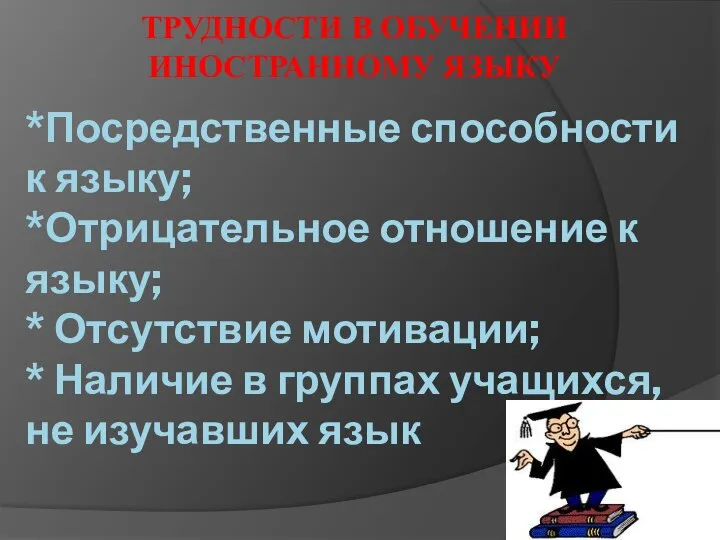 *Посредственные способности к языку; *Отрицательное отношение к языку; * Отсутствие мотивации; *