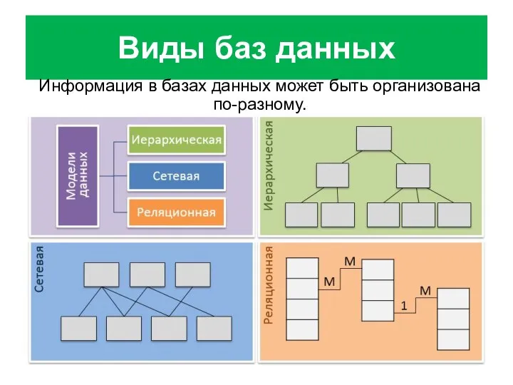 Виды баз данных Информация в базах данных может быть организована по-разному.