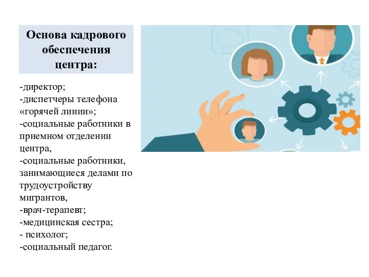 -директор; -диспетчеры телефона «горячей линии»; -социальные работники в приемном отделении центра, -социальные