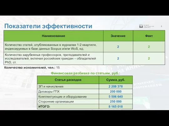 3 Количество исполнителей, чел.: 15 Показатели эффективности Финансовая разбивка по статьям, руб.: