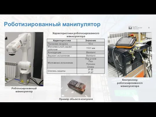 8 Роботизированный манипулятор Контроллер роботизированного манипулятора Роботизированный манипулятор Пример объекта контроля Характеристики роботизированного манипулятора