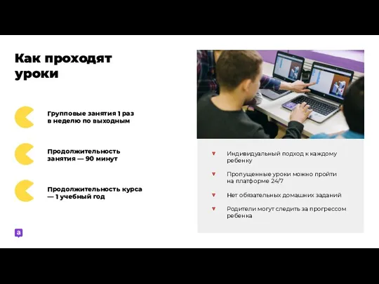 Групповые занятия 1 раз в неделю по выходным Продолжительность занятия — 90