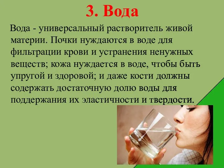 3. Вода Вода - универсальный растворитель живой материи. Почки нуждаются в воде