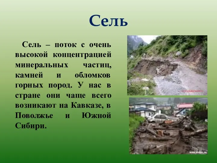 Сель Сель – поток с очень высокой концентрацией минеральных частиц, камней и