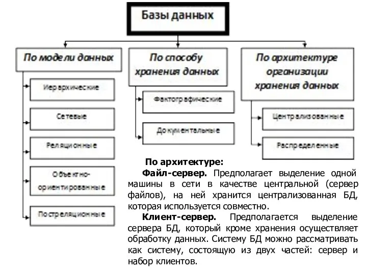 По архитектуре: Файл-сервер. Предполагает выделение одной машины в сети в качестве центральной