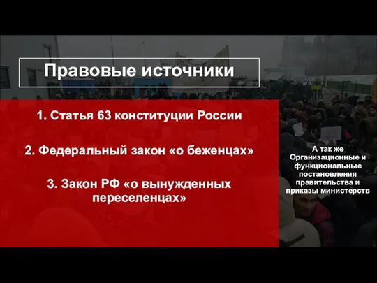 Правовые источники 1. Статья 63 конституции России 2. Федеральный закон «о беженцах»