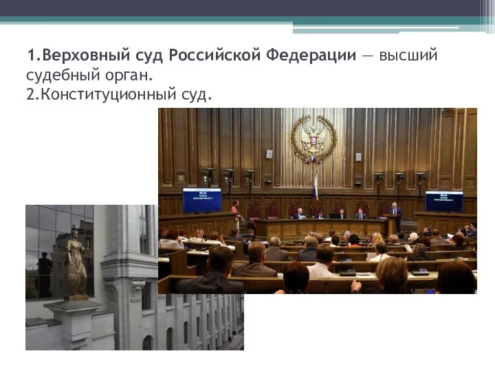 1.Верховный суд Российской Федерации — высший судебный орган. 2.Конституционный суд.