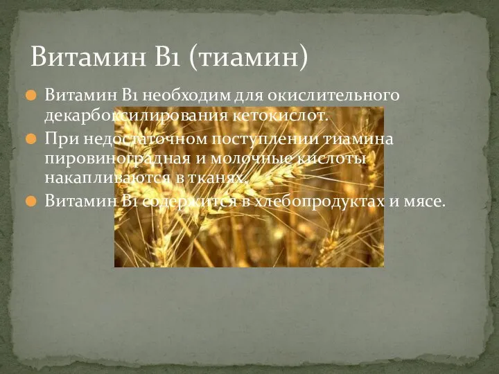 Витамин В1 необходим для окислительного декарбоксилирования кетокислот. При недостаточном поступлении тиамина пировиноградная