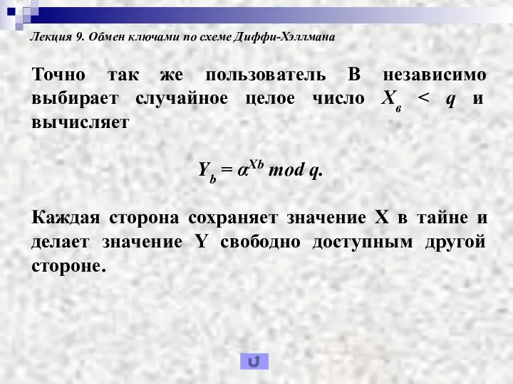 Лекция 9. Обмен ключами по схеме Диффи-Хэллмана Точно так же пользователь В