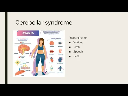 Cerebellar syndrome Incoordination Walking Limb Speech Eves