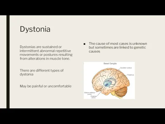 Dystonia The cause of most cases is unknown but sometimes are linked