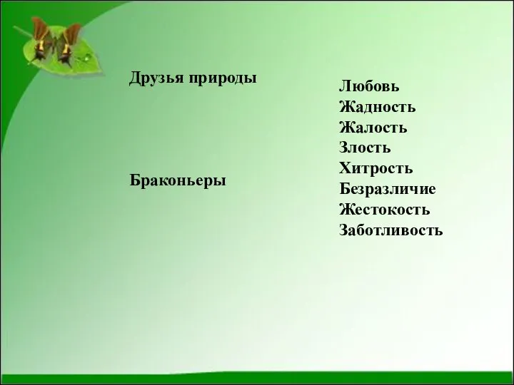 Друзья природы Браконьеры Любовь Жадность Жалость Злость Хитрость Безразличие Жестокость Заботливость