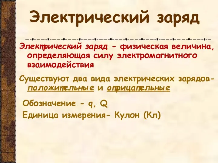 Электрический заряд Электрический заряд - физическая величина, определяющая силу электромагнитного взаимодействия Существуют